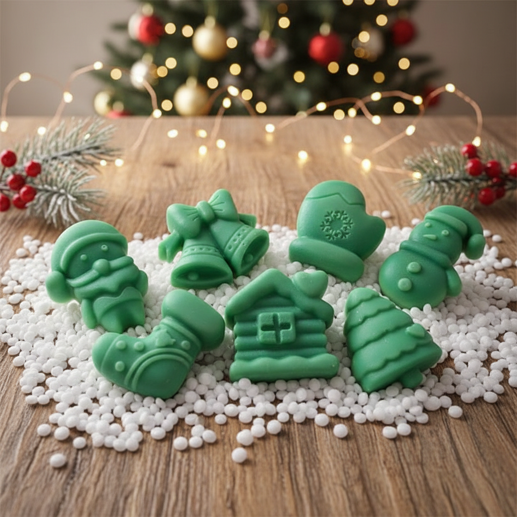 Christmas themed scented wax melts with holiday designs including Santa, bell, snowman, and tree