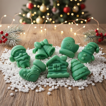 Christmas themed scented wax melts with holiday designs including Santa, bell, snowman, and tree