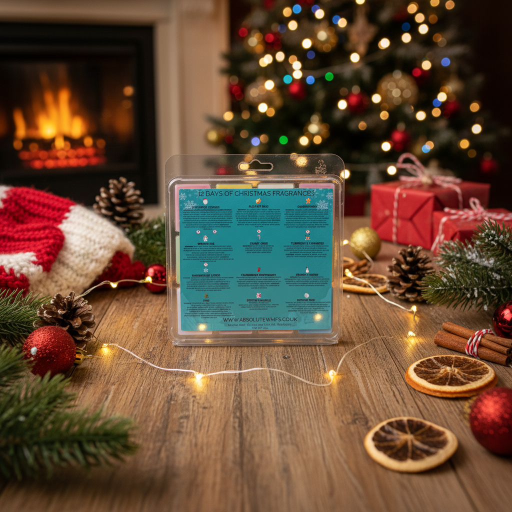 Christmas Wax Melts 12 days of Christmas fragrance collection in a clear plastic clamshell pack with festive holiday decor and warm lighting