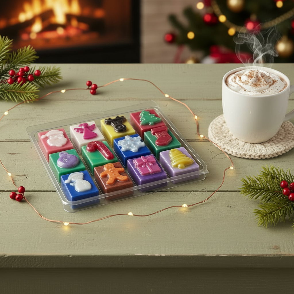 Christmas Wax Melts in colorful plastic tray with twelve distinct festive shapes including Santa, tree, star, and gift on a wooden table near hot drink