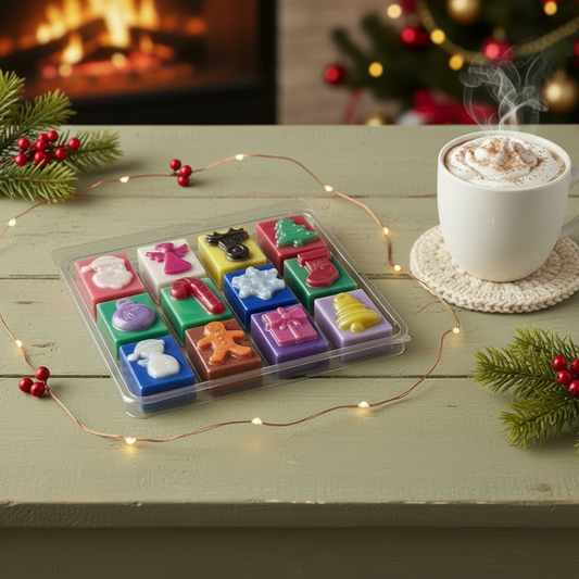 Christmas Wax Melts in colorful plastic tray with twelve distinct festive shapes including Santa, tree, star, and gift on a wooden table near hot drink