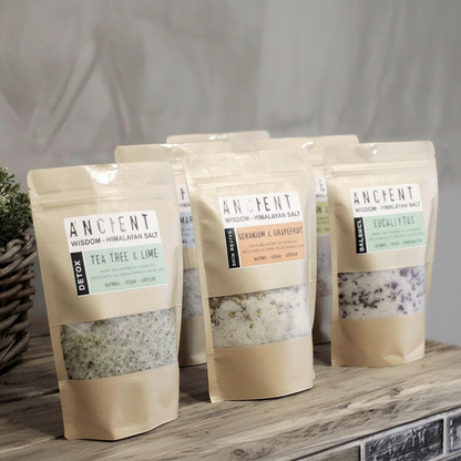 Clarity Himalayan Bath Salt not visible; image shows three Ancient Wisdom Himalayan salt pouches with botanical blends