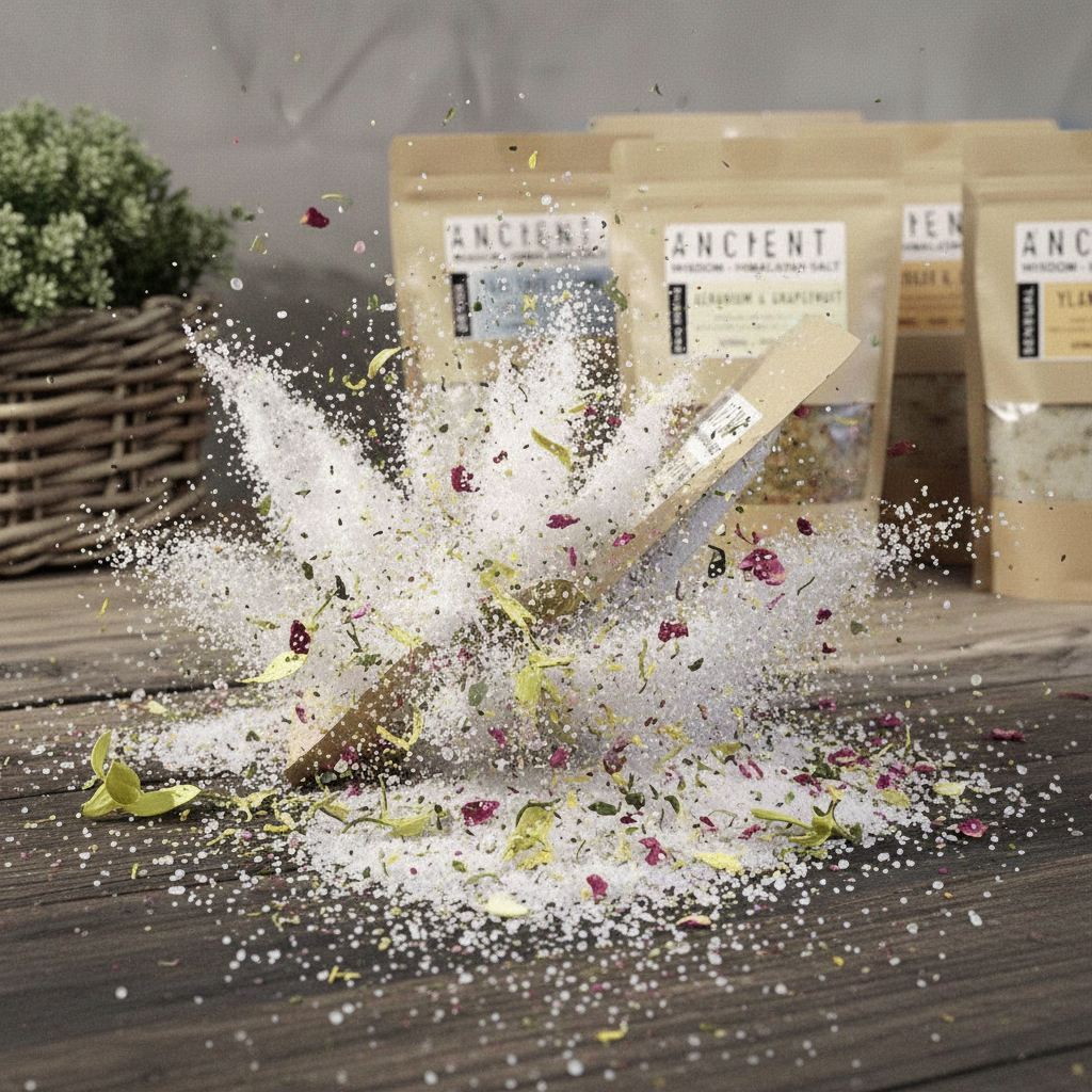 Clarity Himalayan Bath Salt blend with white mineral crystals, dried rose petals, herbs, and botanical pieces