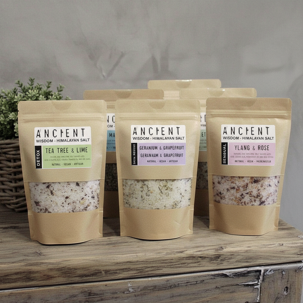 Clarity Himalayan Bath Salt pouch displayed among assorted Ancient wisdom Himalayan bath salt blends