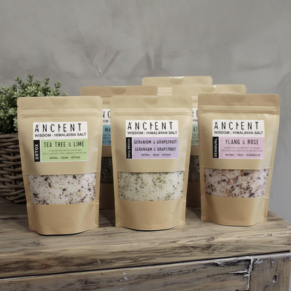 Clarity Himalayan Bath Salt pouch displayed among assorted Ancient wisdom Himalayan bath salt blends