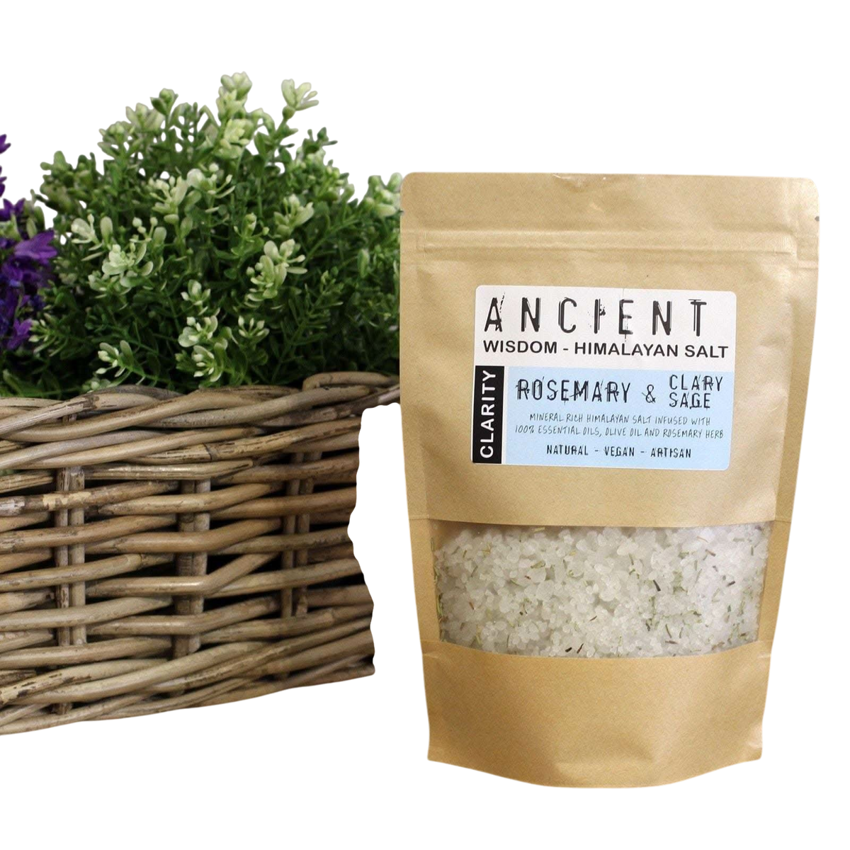 Clarity Himalayan Bath Salt in a kraft pouch with visible white salt crystals and Rosemary & Clary Sage label