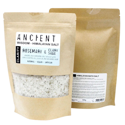 Clarity Himalayan Bath Salt in kraft pouches, white mineral crystals with rosemary and clary sage herbs