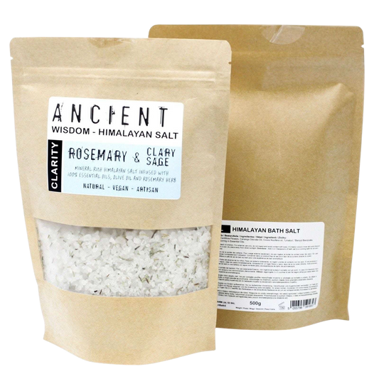 Clarity Himalayan Bath Salt in kraft pouches, white mineral crystals with rosemary and clary sage herbs
