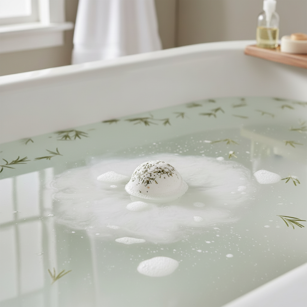 Clarity - Himalayan Salt Bath Bomb dissolving in water with white foam and green herb leaves floating, creating a soothing bath experience