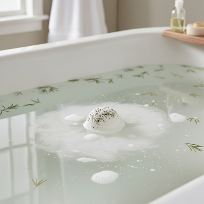 Clarity - Himalayan Salt Bath Bomb dissolving in water with white foam and green herb leaves floating, creating a soothing bath experience