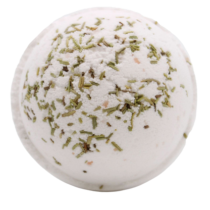 Clarity - Himalayan Salt Bath Bomb with white mineral salt base and scattered green herb flakes on surface for soothing bath