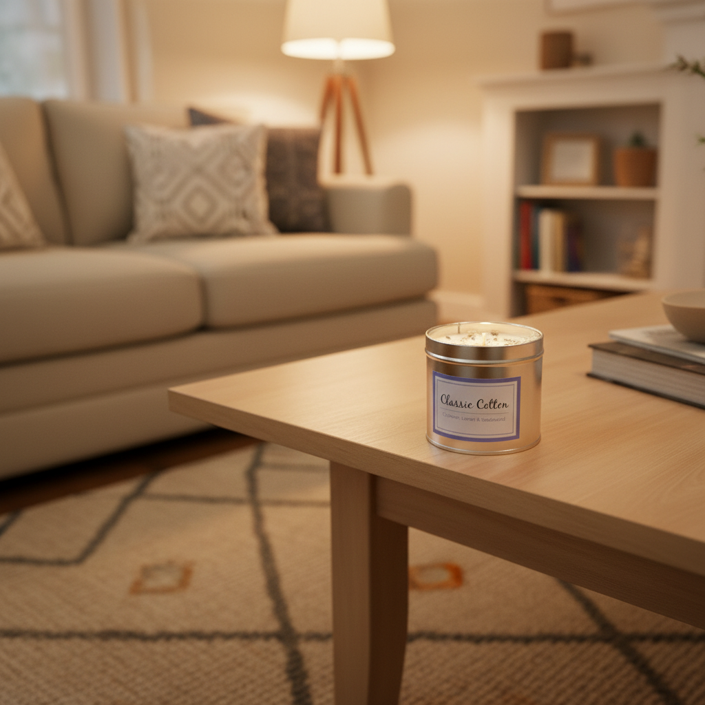 Classic Cotton Seriously Scented Candle in silver tin with purple label on light wood table in cozy living room setting
