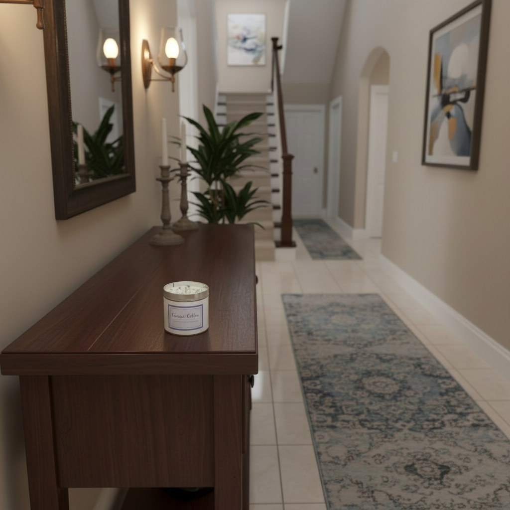 Classic Cotton Seriously Scented Candle in a white glass jar with a minimalist label placed on a brown wooden console table in a modern hallway
