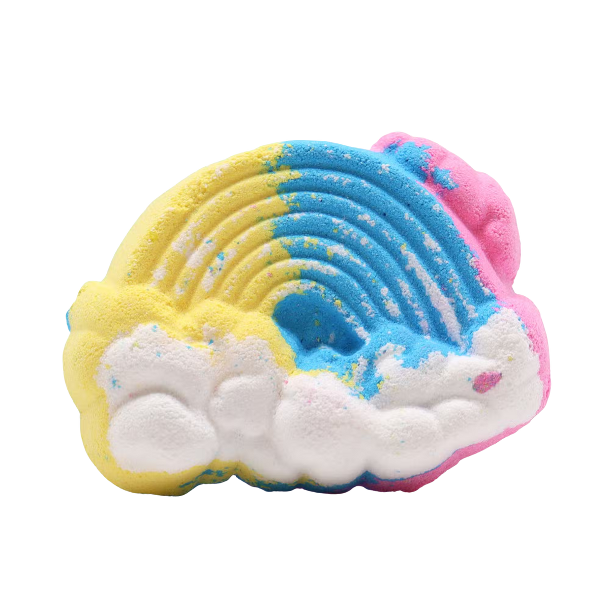 Cloud Bath bomb in a cloud and rainbow shape with yellow, blue, pink, and white colors displaying a textured, powdery surface
