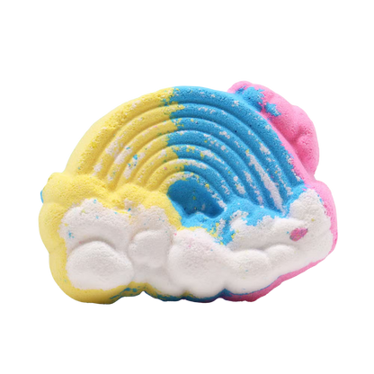Cloud Bath bomb in a cloud and rainbow shape with yellow, blue, pink, and white colors displaying a textured, powdery surface