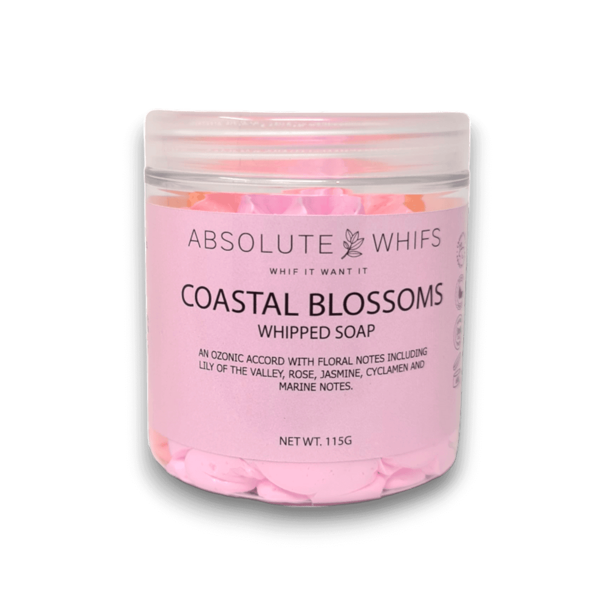 Coastal Blossoms Whipped Soap in a clear jar with pink creamy texture and floral scented label from Absolute Whifs