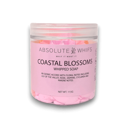 Coastal Blossoms Whipped Soap in a clear jar with pink creamy texture and floral scented label from Absolute Whifs