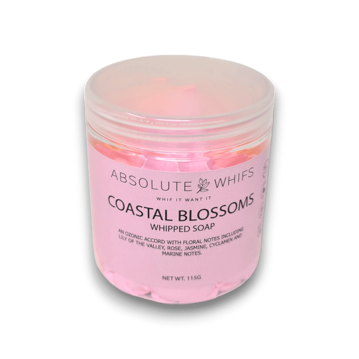Coastal Blossoms Whipped Soap in a clear jar with soft pink whipped texture and floral marine notes label