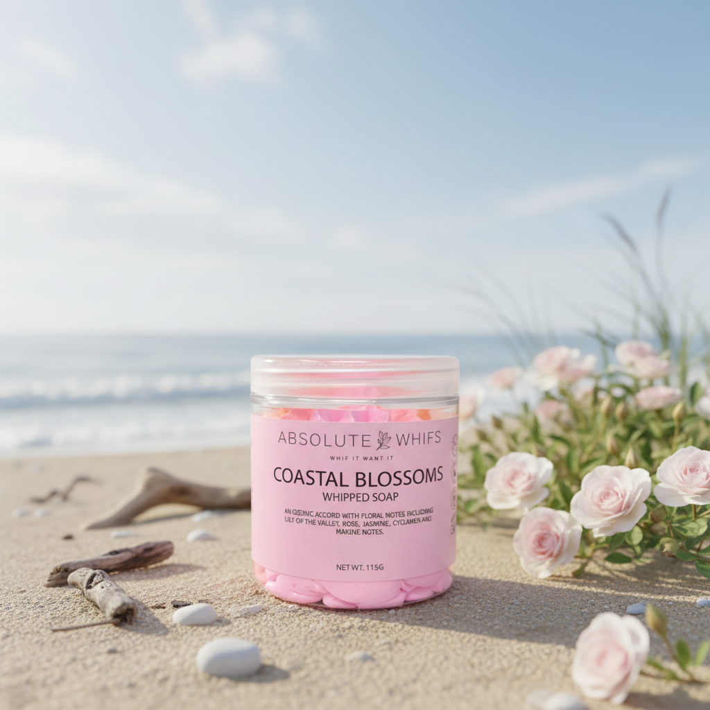 Coastal Blossoms Whipped Soap in a pink jar with floral-themed label on sandy beach with pink flowers nearby