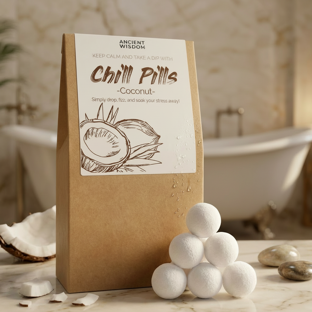 Coconut Chill Pills Gift Pack in kraft packaging with white coconut-scented bath pills and coconut illustration
