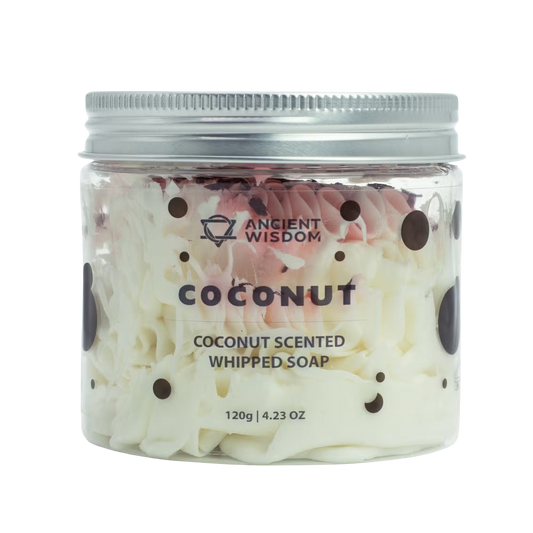 Coconut Whipped Soap in a clear 120g jar, white whipped soap with soft pink swirls and chocolate-brown dots