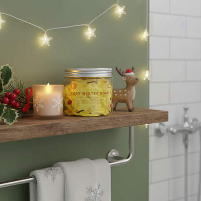 Cosy Winter Nights Whipped Soap in a clear jar with yellow festive fruit and spice pieces, silver lid and label