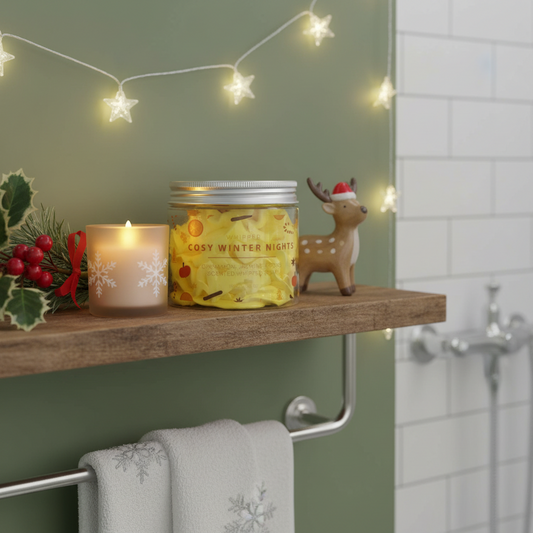 Cosy Winter Nights Whipped Soap in a clear jar with yellow festive fruit and spice pieces, silver lid and label