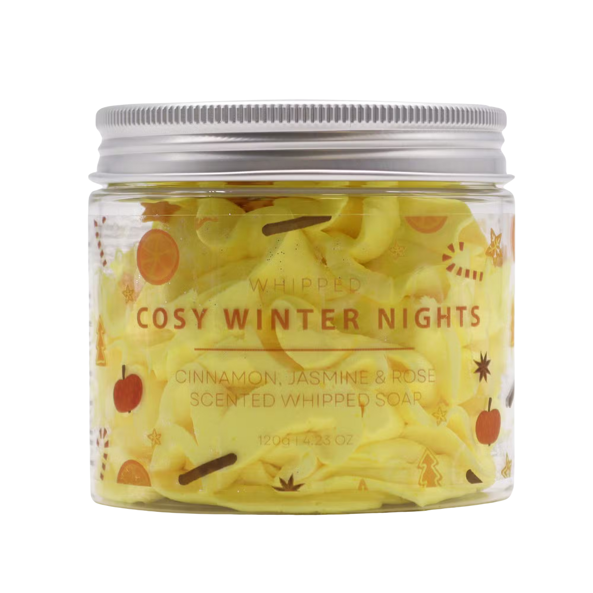 Cosy Winter Nights Whipped Soap in a clear jar, yellow whipped texture with cinnamon, jasmine and rose scent label