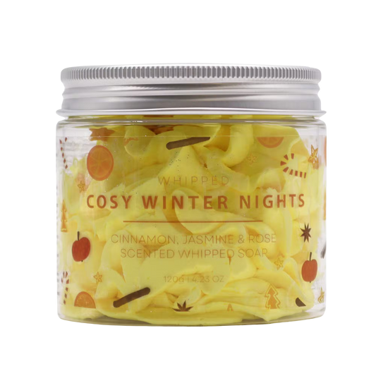 Cosy Winter Nights Whipped Soap in a clear jar, yellow whipped texture with cinnamon, jasmine and rose scent label