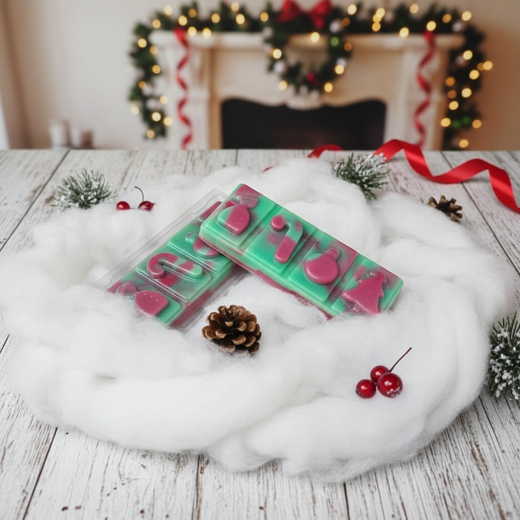 Cranberry Peppermint Wax Melt Snap Bar in green and red wax with festive holiday shapes, divided into sections for melting