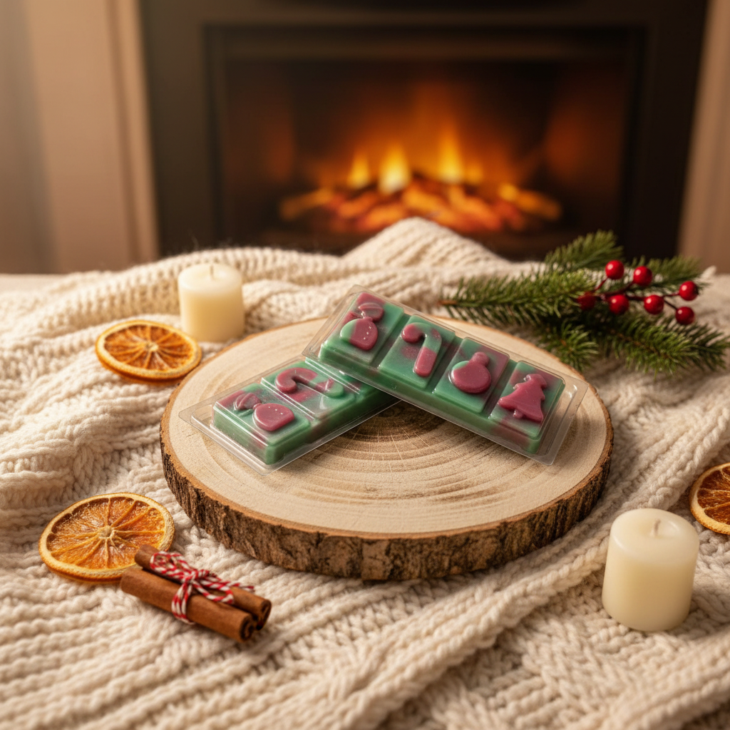 Cranberry Peppermint Wax Melt Snap Bar in green wax with red holiday shapes, divided into four sections for adjustable scent