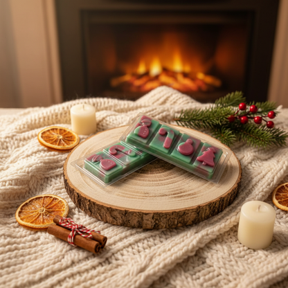Cranberry Peppermint Wax Melt Snap Bar in green wax with red holiday shapes, divided into four sections for adjustable scent