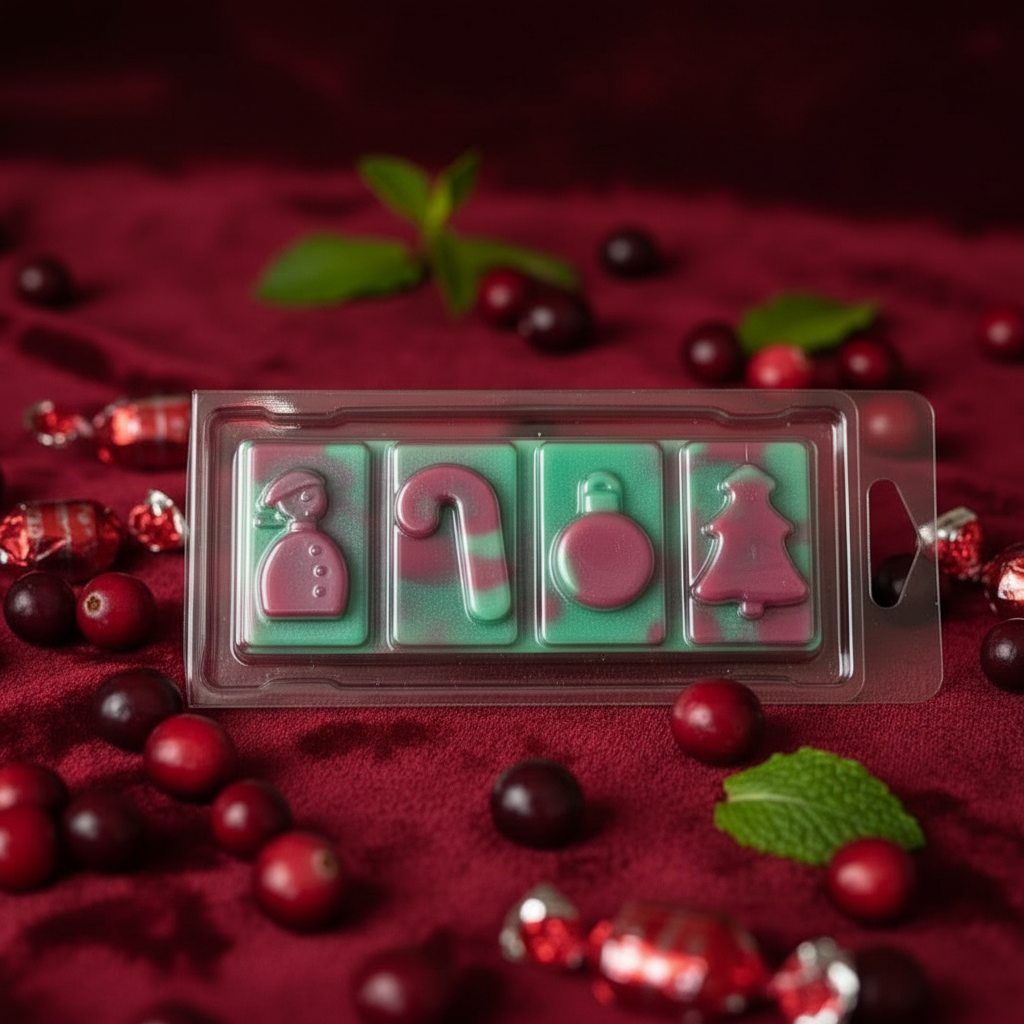 Cranberry Peppermint Wax Melt Snap Bar in deep red divided into four festive holiday shapes, displayed with fresh cranberries and green leaves