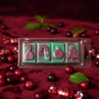 Cranberry Peppermint Wax Melt Snap Bar in deep red divided into four festive holiday shapes, displayed with fresh cranberries and green leaves
