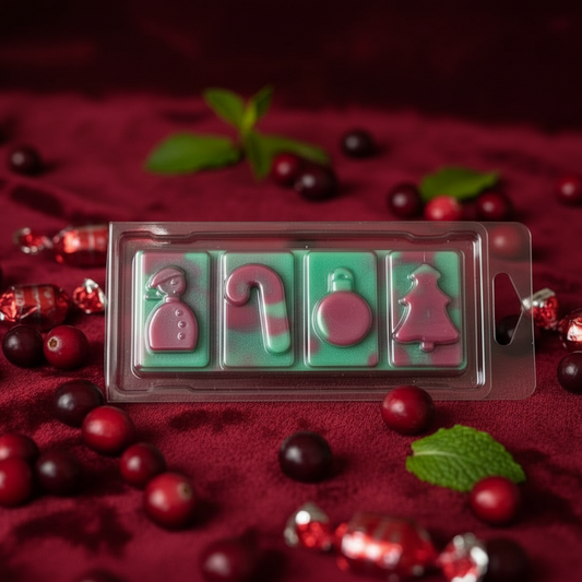 Cranberry Peppermint Wax Melt Snap Bar in deep red divided into four festive holiday shapes, displayed with fresh cranberries and green leaves