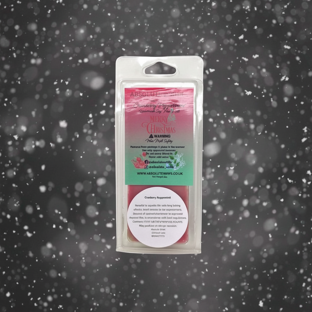 Cranberry Peppermint Wax Melt Snap Bar in pink wax with festive green and red labeled packaging for home fragrance use