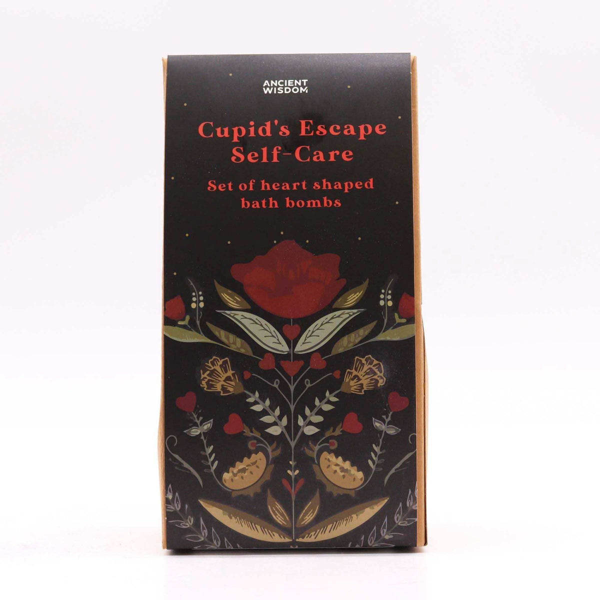 Cupids Escape Self Care black box with red and gold floral design featuring heart shaped bath bombs set text on front