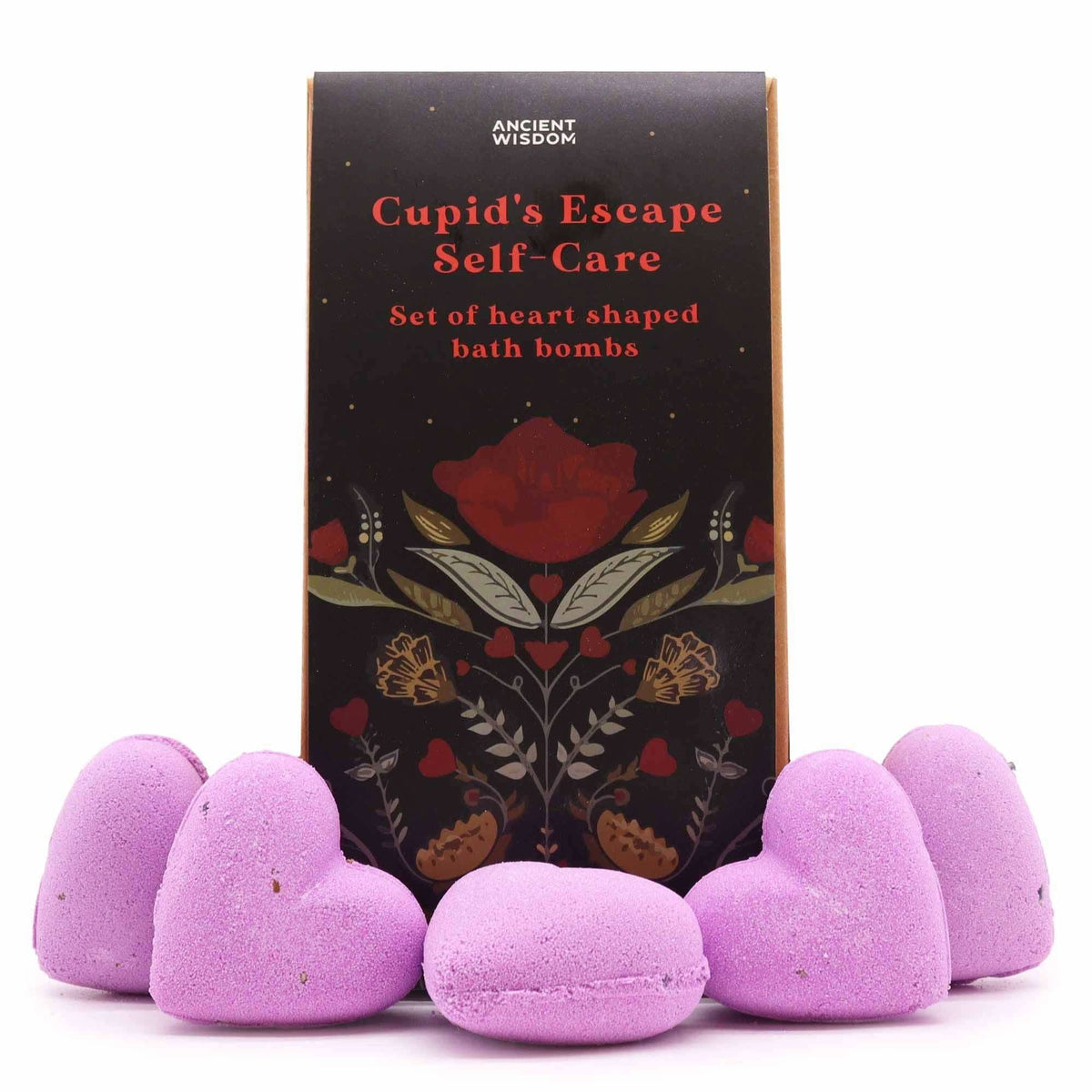 Cupids Escape Self Care heart shaped bath bombs in lavender purple with floral designed box featuring red and gold accents