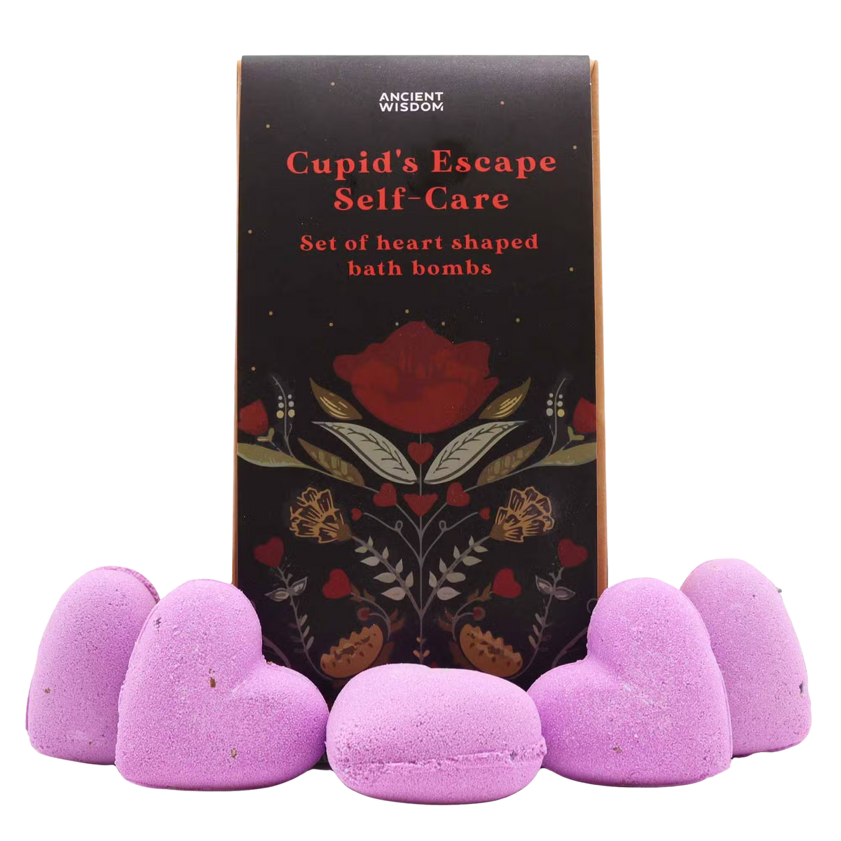 Cupids Escape Self Care set featuring five pink heart-shaped bath bombs with a dark floral-themed box showcasing red and gold accents