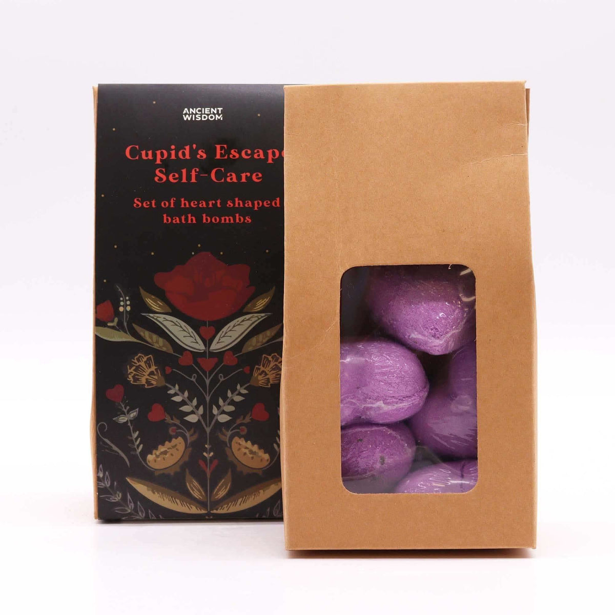 Cupids Escape Self Care set of purple heart shaped bath bombs in brown and black packaging with floral accents
