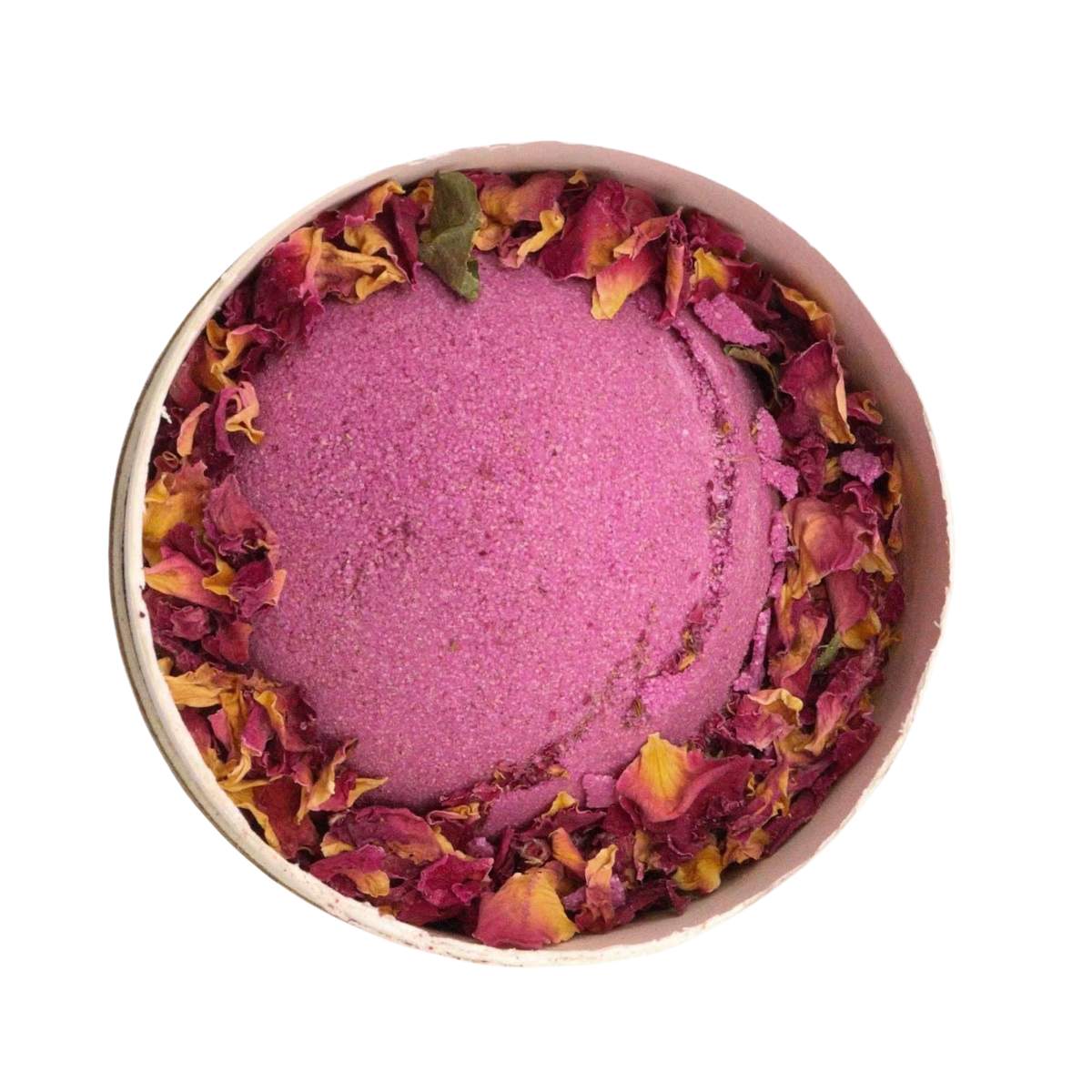 Cupids Self Care Aromatherapy Bath Collection pink bath bomb with textured surface and dried rose petals