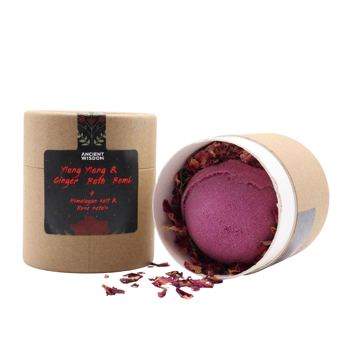 Cupids Self Care Aromatherapy Bath Collection with purple Ylang Ylang and ginger bath bomb in kraft tube with rose petals