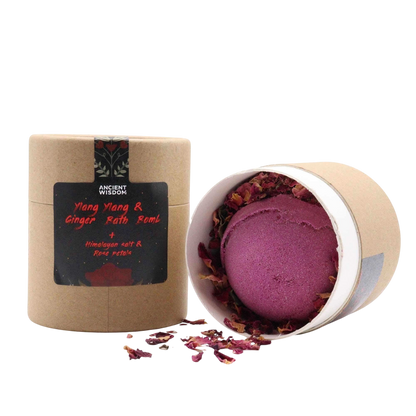 Cupids Self Care Aromatherapy Bath Collection with purple Ylang Ylang and ginger bath bomb in kraft tube with rose petals
