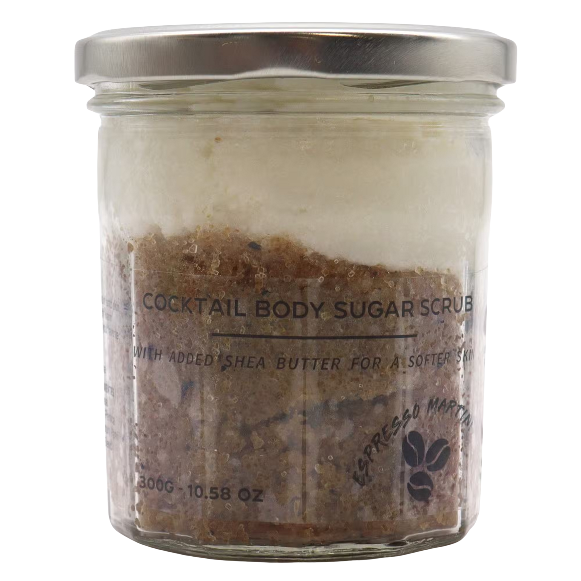 Fragranced sugar body scrub with espresso martini scent in 300g jar