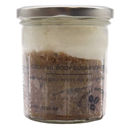Fragranced sugar body scrub with espresso martini scent in 300g jar
