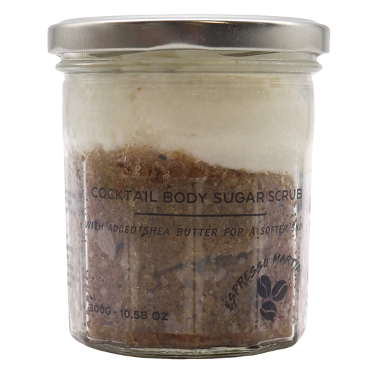 Fragranced sugar body scrub with espresso martini scent in 300g jar