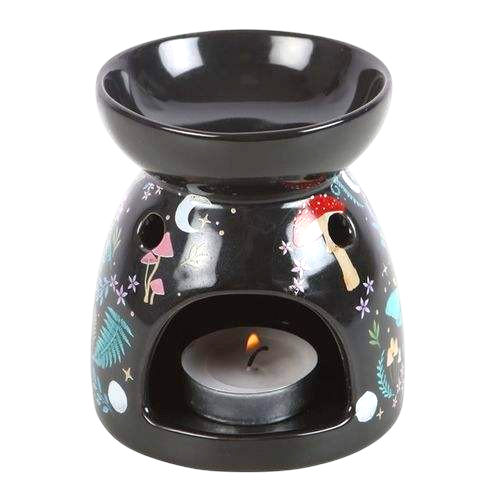 Dark Forest Print Oil Burner ceramic black with colorful forest-themed illustrations including mushrooms, stars, and leaves, featuring a candle holder opening