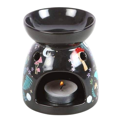 Dark Forest Print Oil Burner ceramic black with colorful forest-themed illustrations including mushrooms, stars, and leaves, featuring a candle holder opening