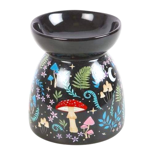 Dark Forest Print Oil Burner ceramic with detailed colorful flora and fungi illustrations on black nocturnal background