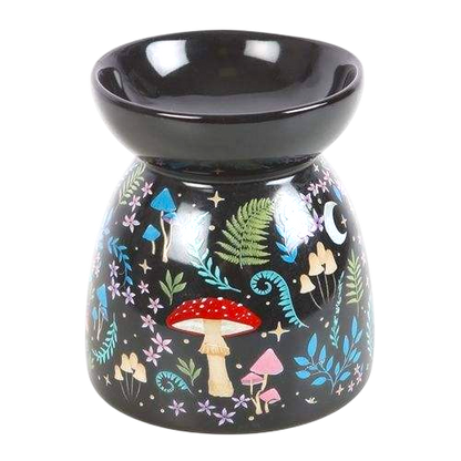 Dark Forest Print Oil Burner ceramic with detailed colorful flora and fungi illustrations on black nocturnal background